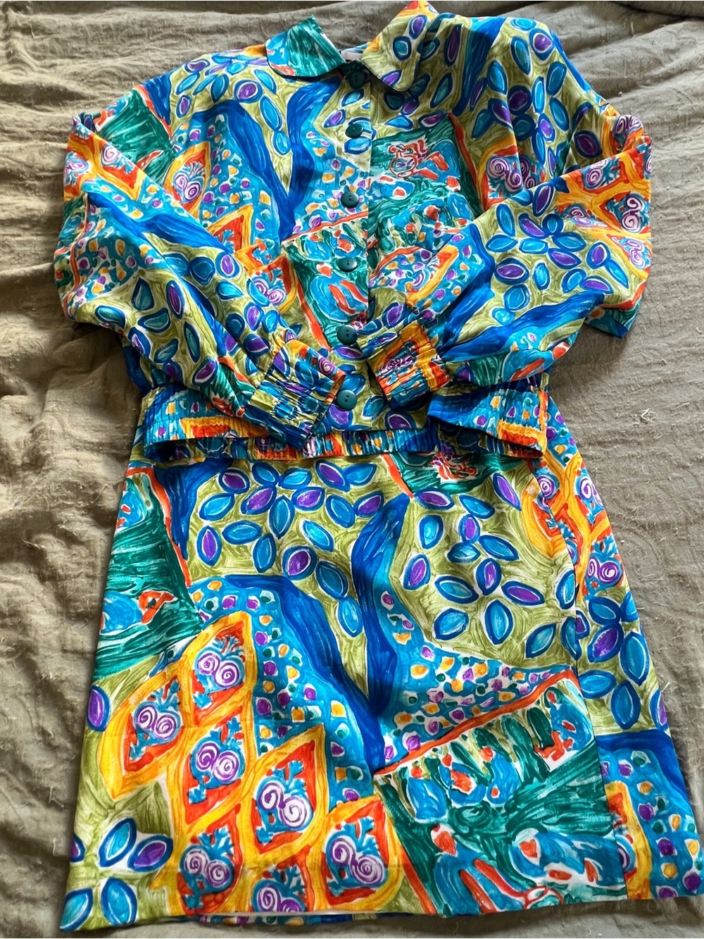 Vintage 1980’s Retro Colorful Artsy Button Up Jacket/ Skirt Set 100% Silk Size S